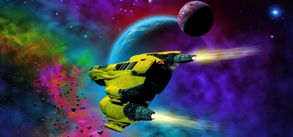 Yellow spaceship with engines lit travelling through a neon-bright universe with stars and alien planets in the background.