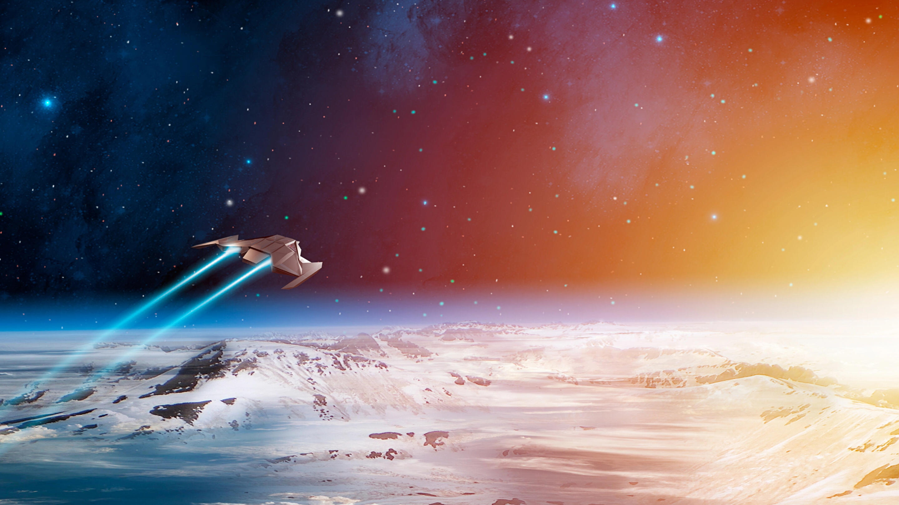 A geometric grey spacecraft with wing design for planetary flight exits the atmosphere of a snowy, rocky planet. The engines leave a glowing blue arc behind as the craft heads out into the starry expanse of space.